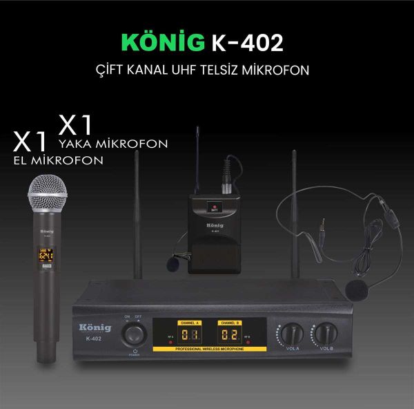 K402 Çift Kanal UHF El+Headset Telsiz Mikrofon