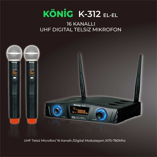 K312 Çift El UHF Telsiz Mikrofon